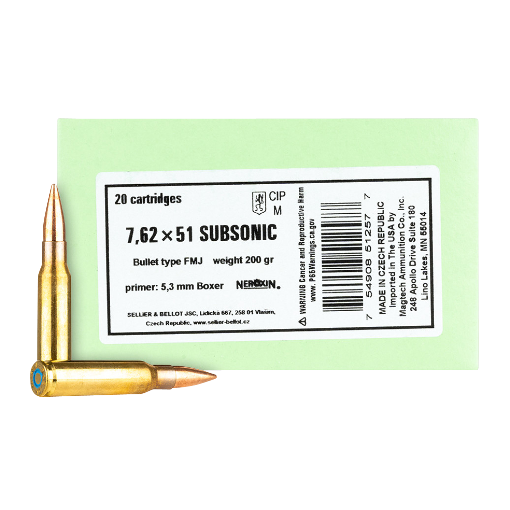 Sellier & Bellot SB762SUBB Rifle  308Win 200gr Full Metal Jacket Subsonic 20 Rounds