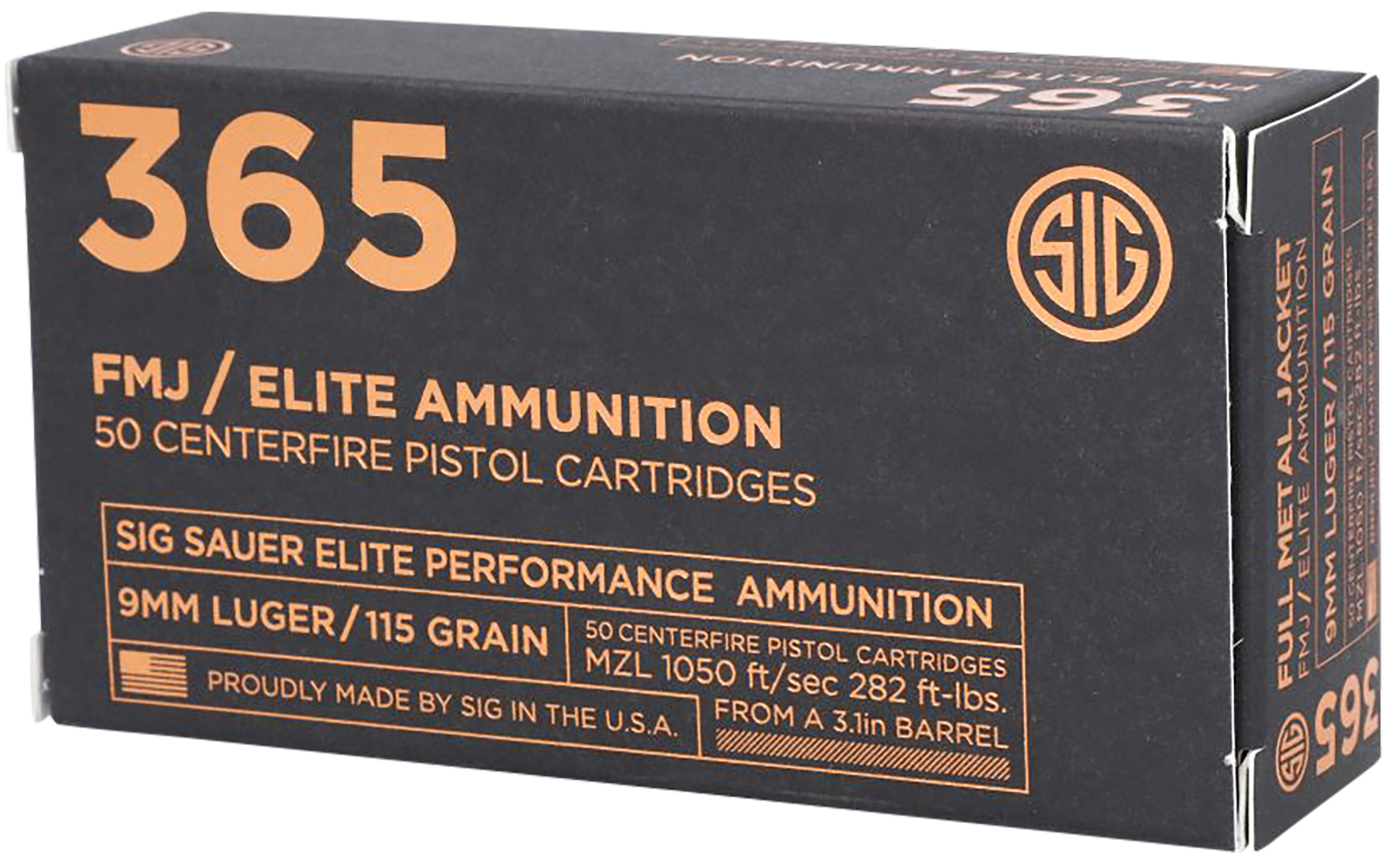 Sig Sauer E9MMB136550 Elite Ball 365 9mm Luger 115 gr Full Metal Jacket 50 Rounds