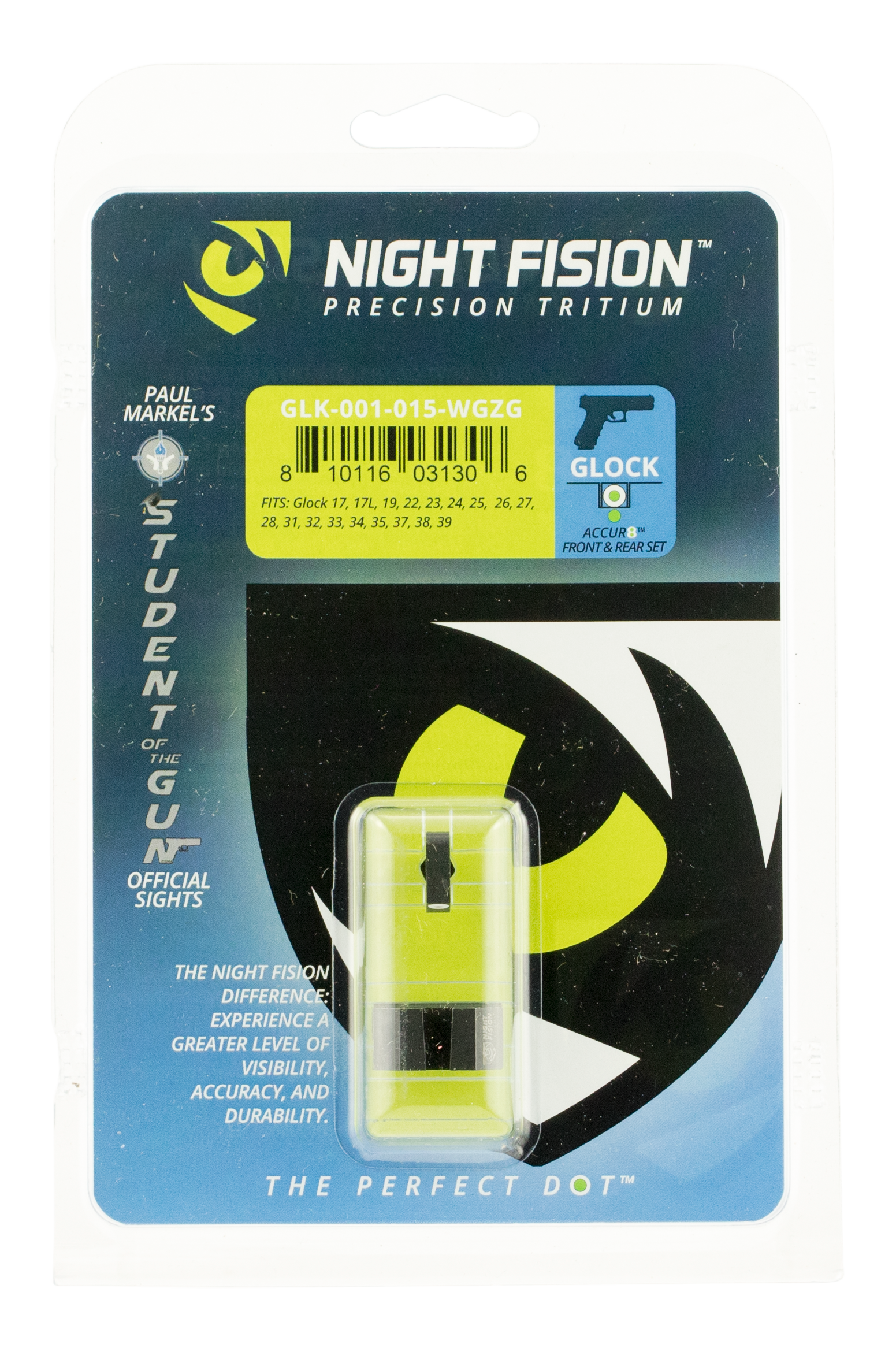 Night Fision GLK001015WGZ Student Of The Gun Accur8 For Glock  Green Tritium White Outline Front Sight-Green Tritium Black Ring Rear Sight Glock 17/17L/19
