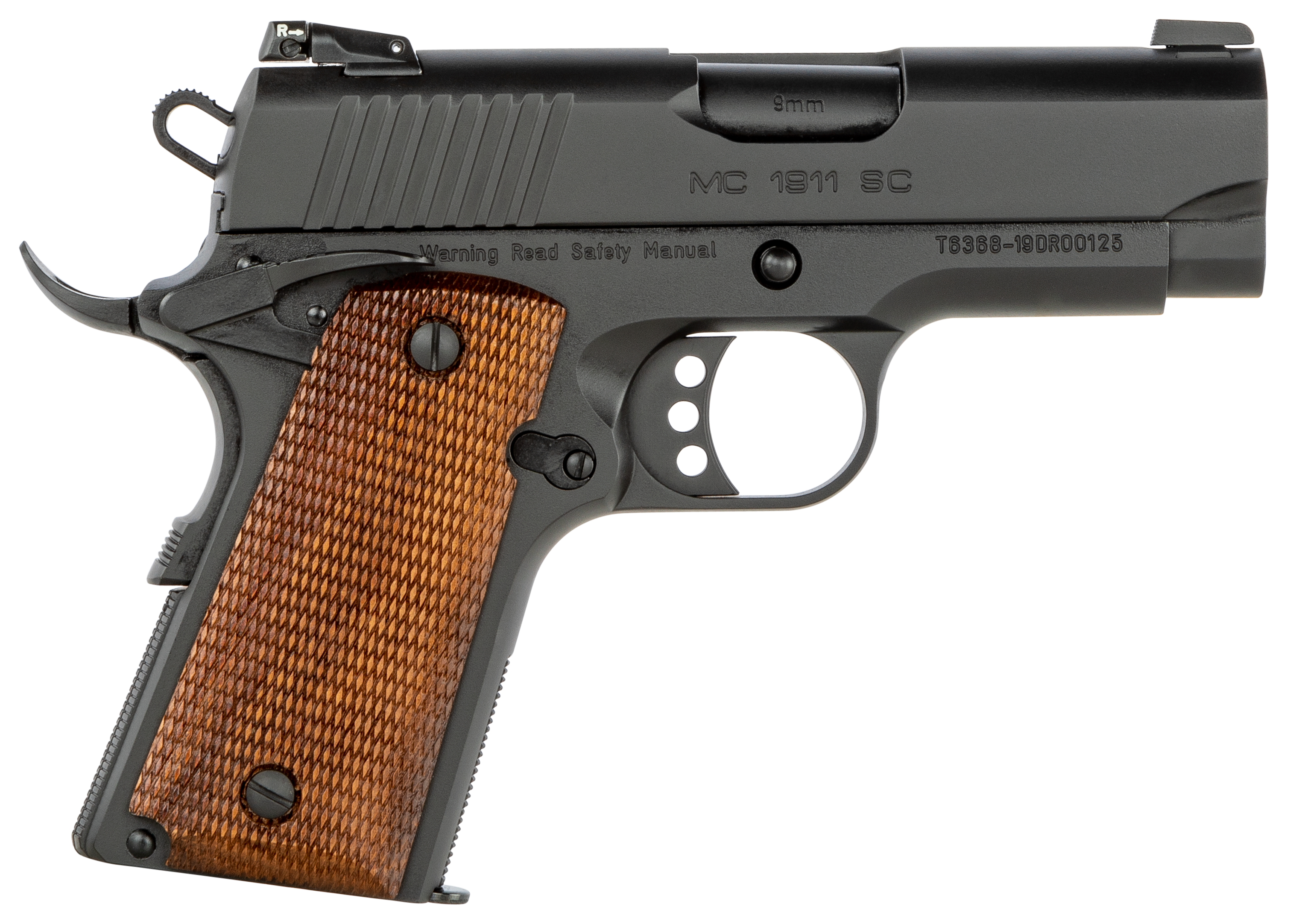 EAA GIRSAN 390045 MC1911 SC  Compact 9mm Luger 7+1, 3.40" Black Steel Barrel, Blued Serrated Slide, Black Aluminum Frame w/Beavertail, Checkered Laminate Grips, Ambidextrous