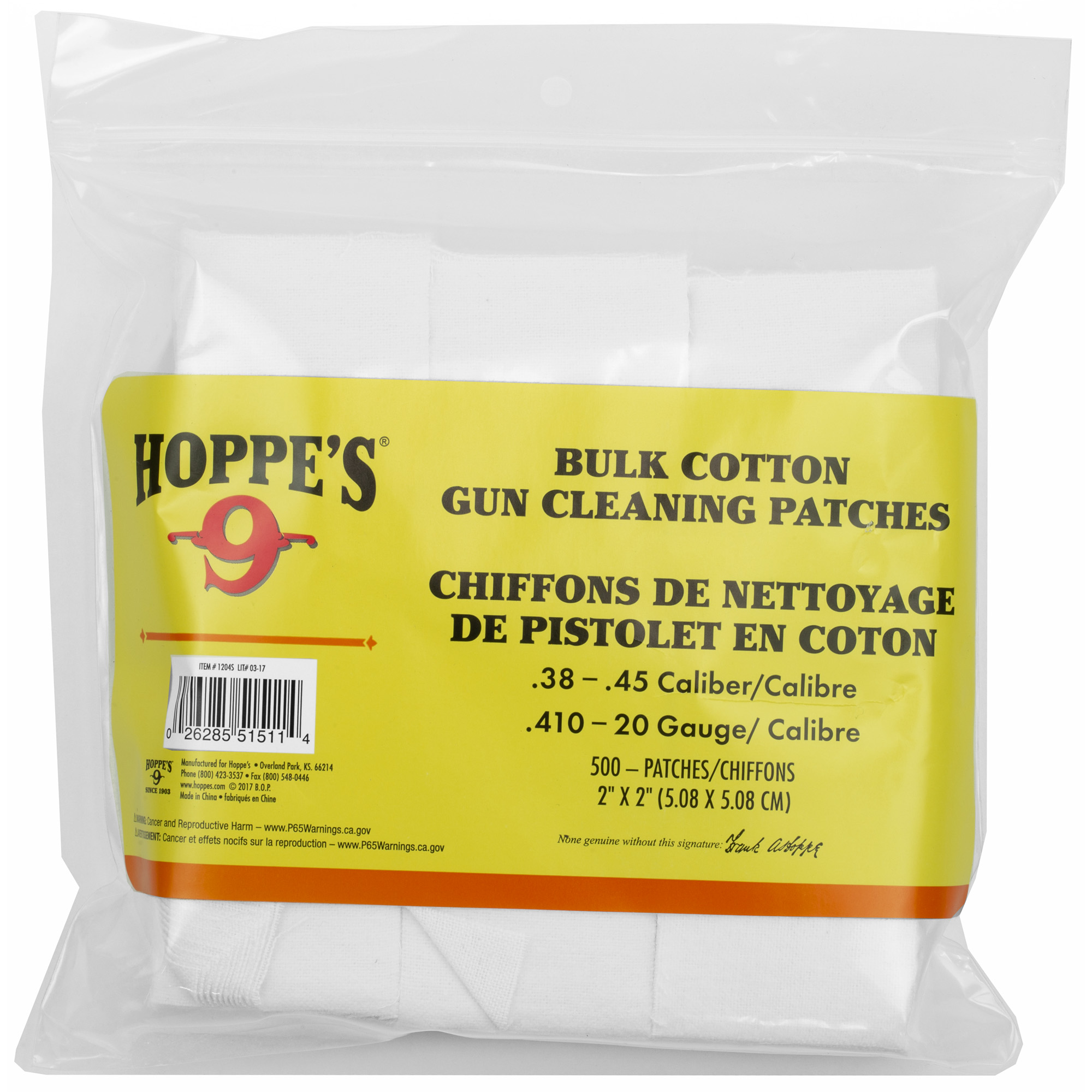 HOPPES CLNG PATCH 38-45CAL 500PK - 1204S - 026285515114