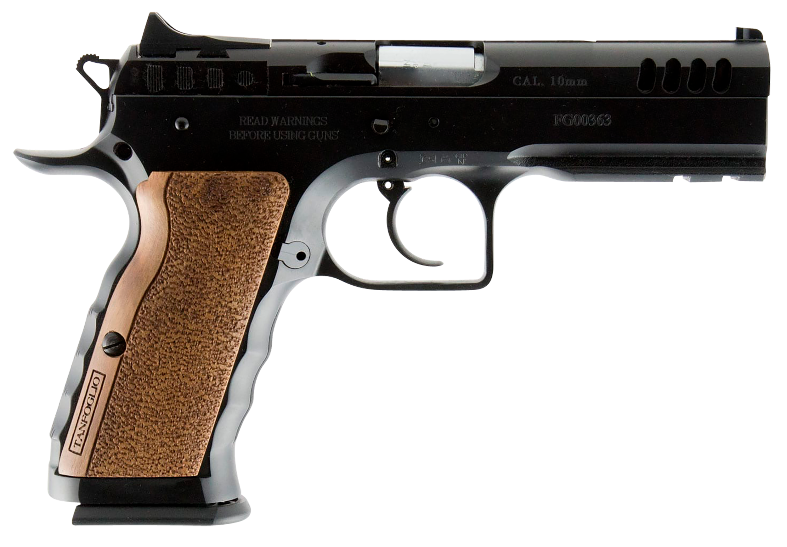 Tanfoglio IFG TFSTOCKI10 Defiant Stock I 10mm Auto Caliber with 4.50" Barrel, 13+1 Capacity, Overall Black Finish Steel, Picatinny Rail/Beavertail Frame, Serrated Slide & Wood Grip
