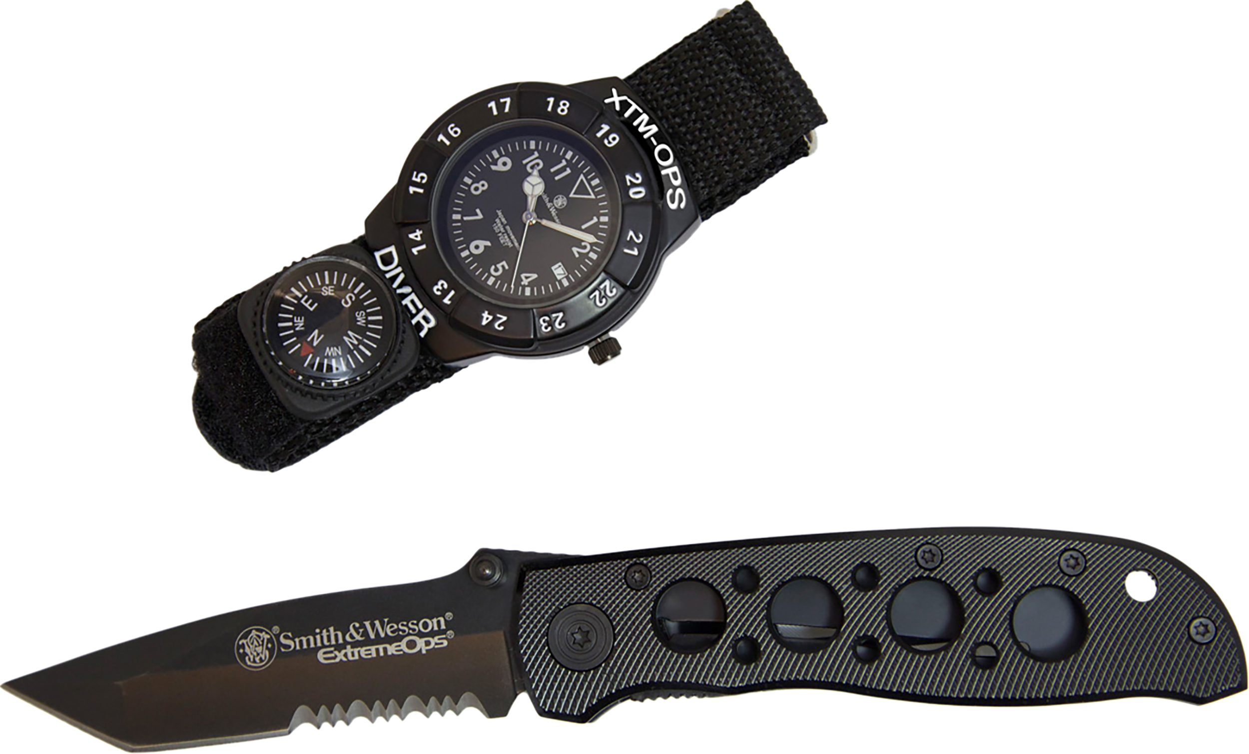 S&W SWXTMOPS2 S&W Extreme Ops Combo 3.18" Folding Plain Black 420 Stainless Steel Blade, Black Handle, Watch w/Compass