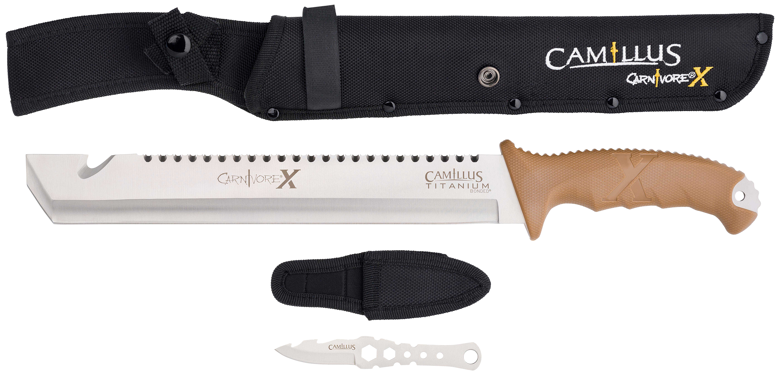 Camillus 19236-003 Carnivore  12" Silver Ti Bonded 440 SS Blade, Brown ABS Handle, 18" Long  Includes Sheath
