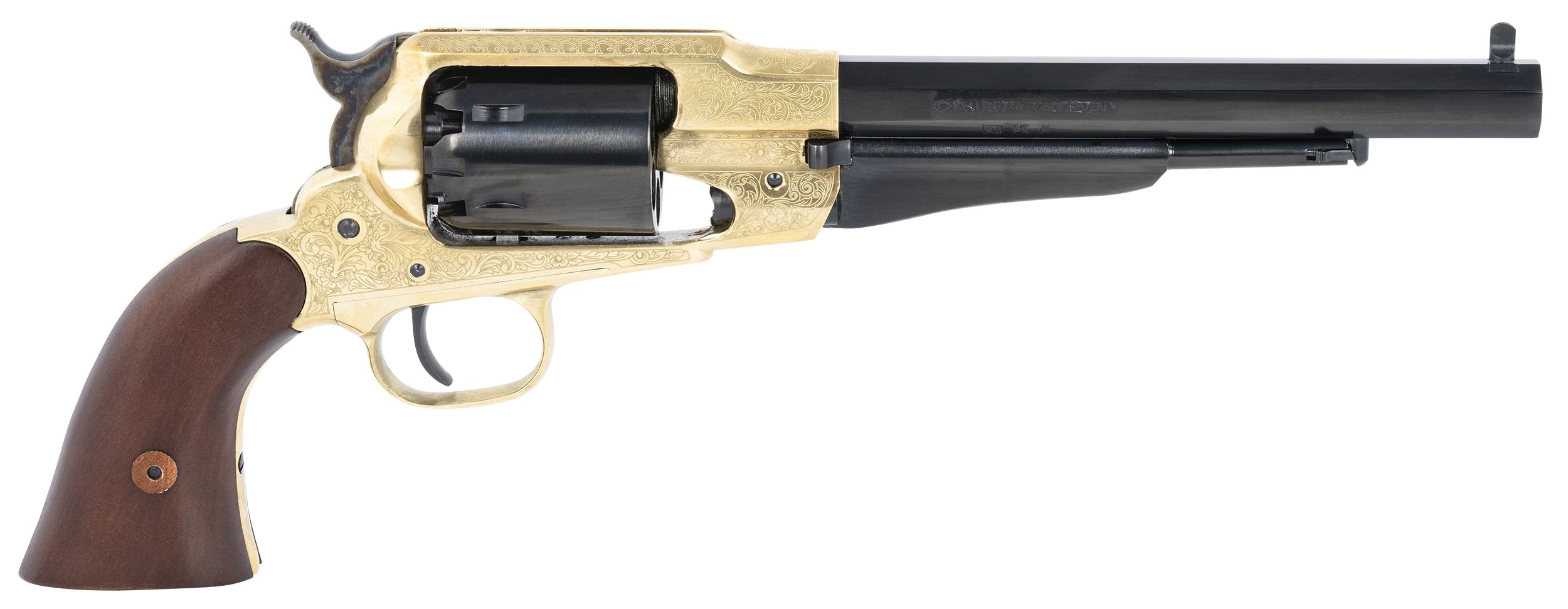 Pietta PF58BRE448 1858  44 Cal 6rd 8" Blued Barrel & Cylinder, Engraved Brass Frame, Walnut Grip, Brass trigger Guard & Backstrap