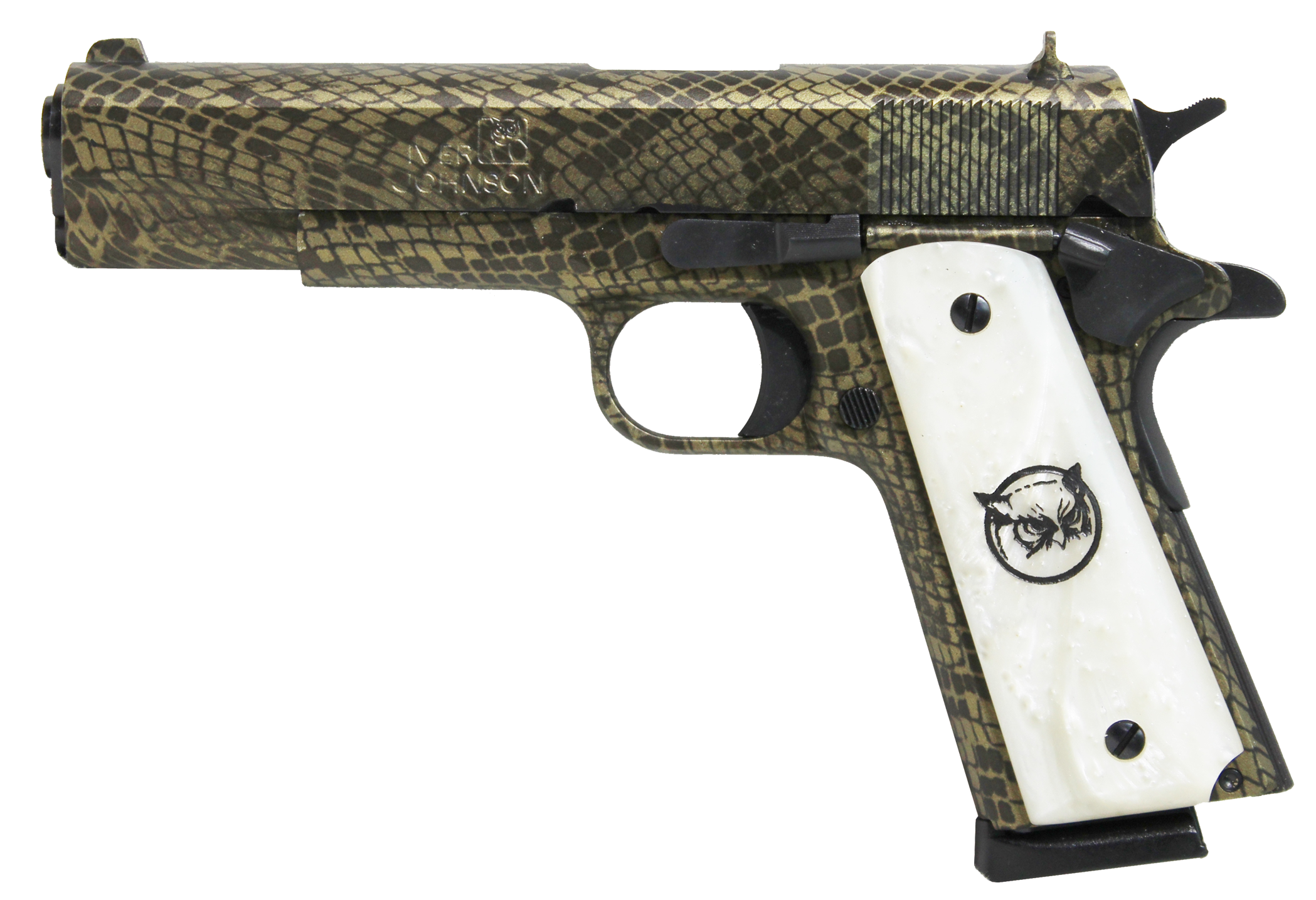 Iver Johnson Arms 1911A1WATERMOCCASIN 1911 A1 Water Moccasin 45 ACP 8+1 5" Black Steel Barrel, Green Snakeskin Hydrographic Serrated Steel Slide & Frame w/Beavertail, White Synthetic Pearl Grip