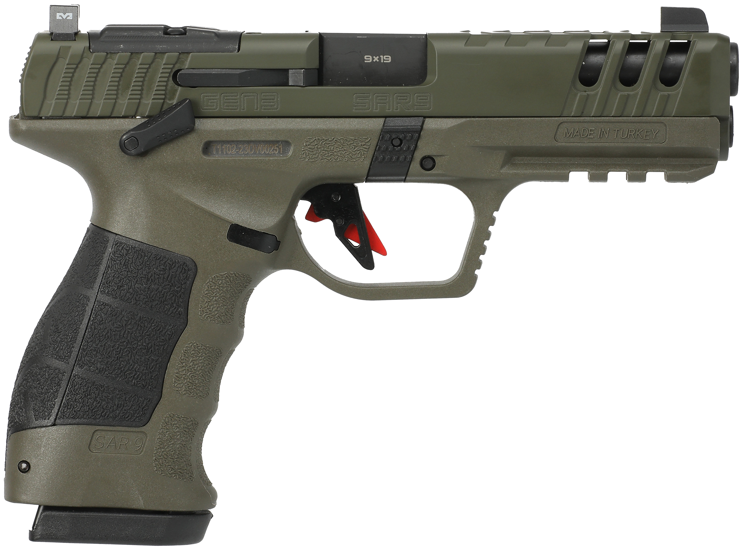 SAR USA SAR9G3OD SAR9 Gen3 Full Size Frame 9mm Luger 17+1 4.40" Black Steel Barrel, OD Green Cerakote Serrated Steel Slide, OD Green Cerakote Polymer Frame w/Picatinny Rail, Black Polymer Grip