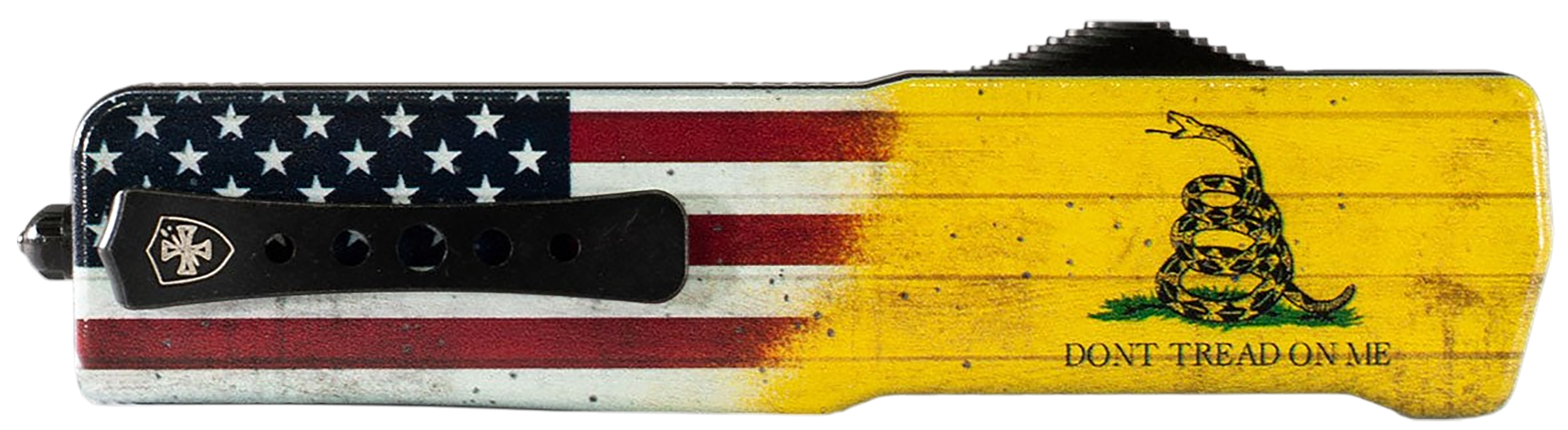 Templar Knife  Premium LW Don't Tread On Me Small 3" OTF Drop Point Plain Black Oxide Stonewashed Powder Coated D2 Steel Blade, 4.50" Yellow w/Flag & "Don't Tread On Me" Aluminum Handle