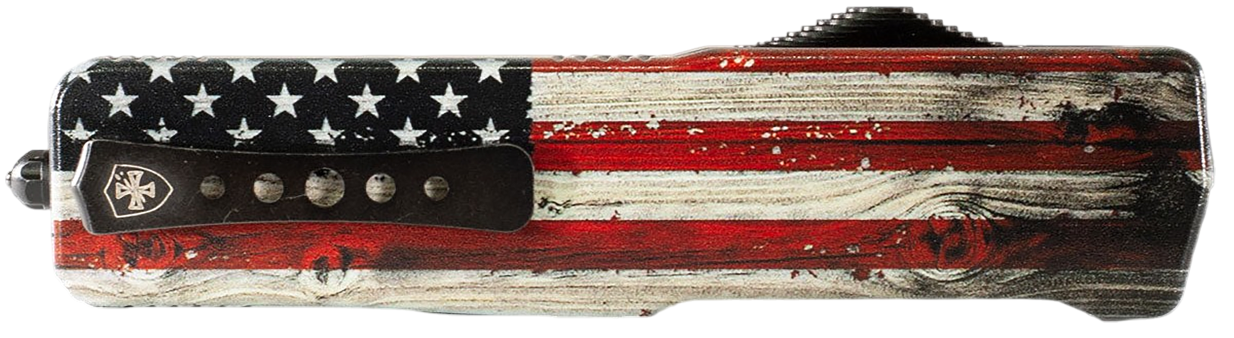 Templar Knife  Premium Weighted Wood US Flag Slim 3" OTF Tanto Plain Black Oxide Stonewashed Powder Coated D2 Steel Blade, 4.50" Painted Wood Grain US Flag Aluminum Handle