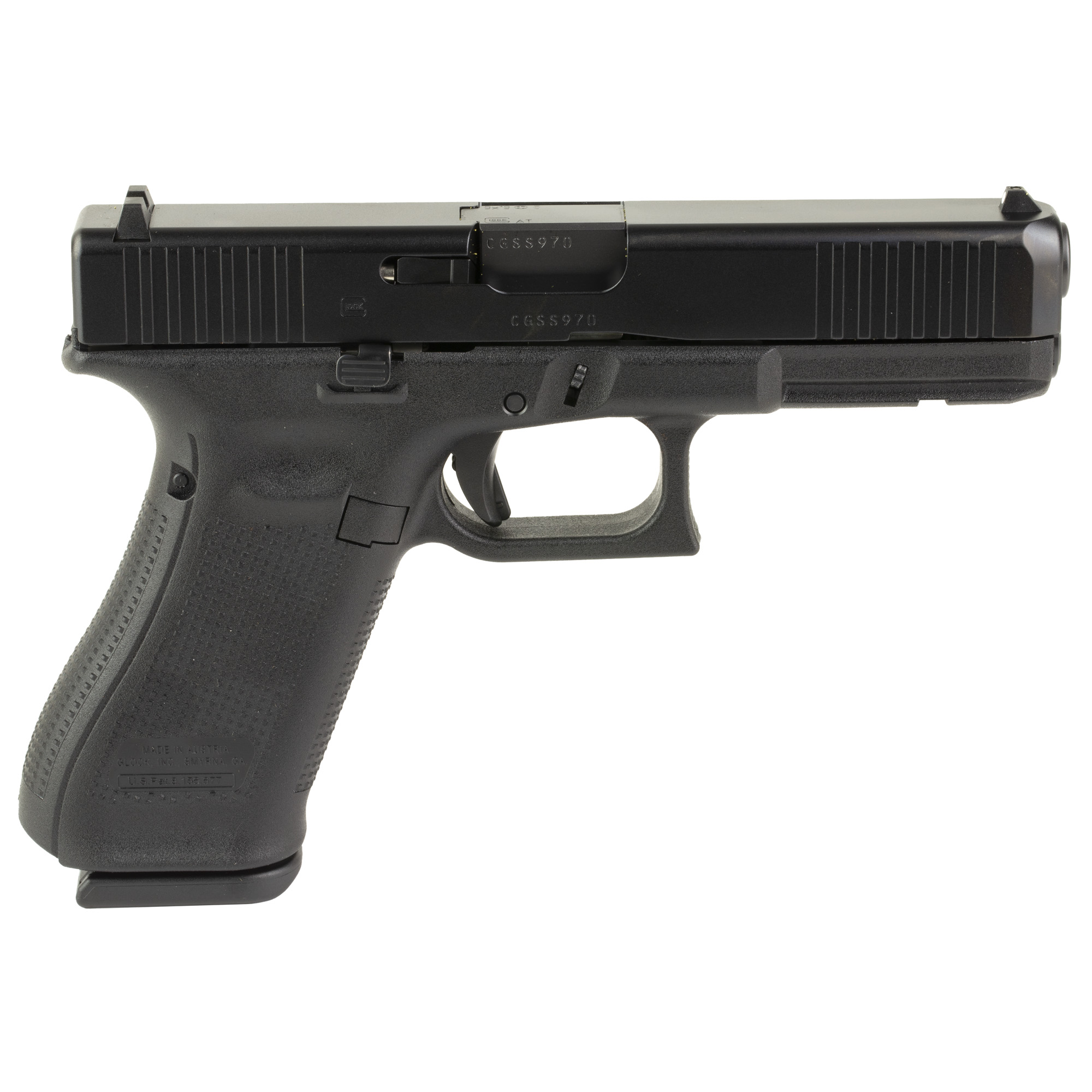 Glock PV1750201 G17 V Standard Frame 9mm Luger 10+1 4.49" Black GMB Barrel, Black nDLC Steel Serrated Slide, Black Polymer Frame w/Accessory Rail, Textured Polymer Grip, Ambidextrous - PV1750201 - 764503067808