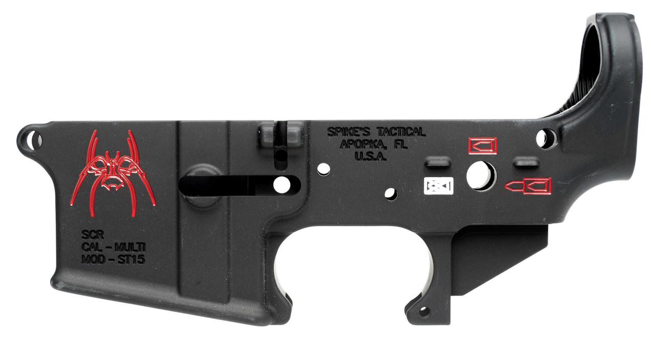 Spikes STLS019CFA Spider Stripped Lower Receiver Multi-Caliber 7075-T6 Aluminum Black Anodized with Color Fill for AR-15 Spikes STLS019CFA Spider Stripped Lower Receiver Multi-Caliber 7075-T6 Aluminum Black Anodized with Color Fill for AR-15