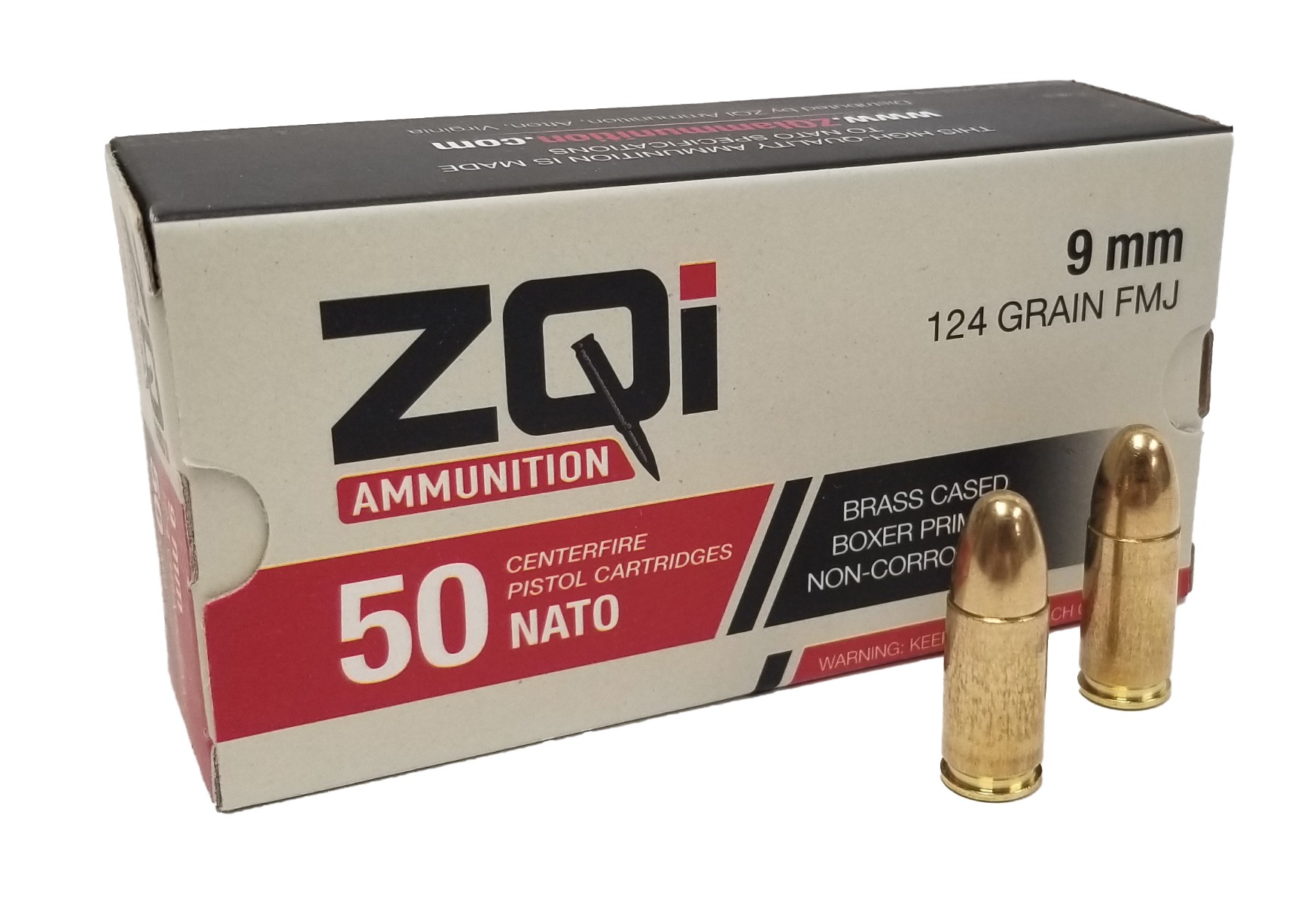 ZQI 9mm NATO Handgun Ammo - 124 Grain  | Brass Cased | FMJ | 50rd Box