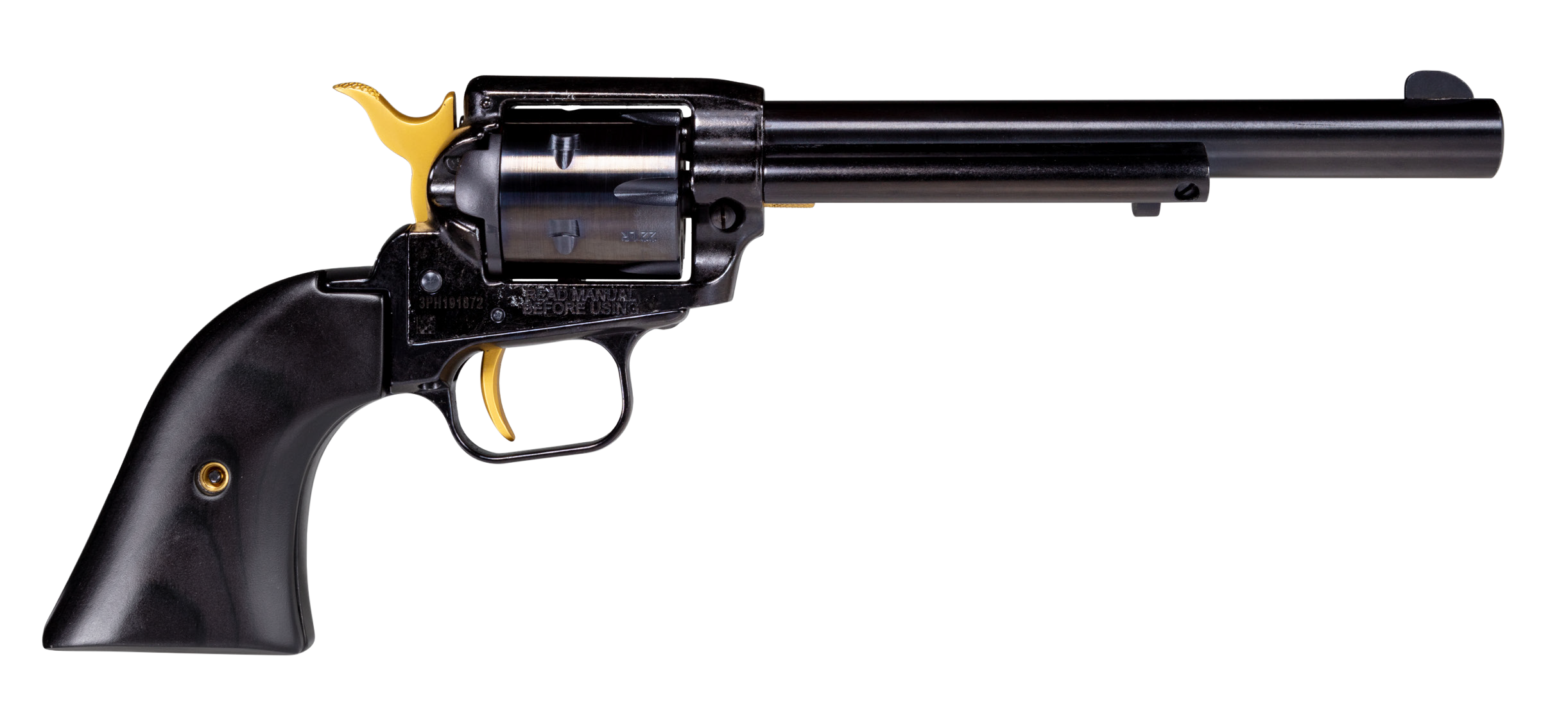 Heritage Mfg RR22B6GLD Rough Rider  22 LR 6 Shot 6.50" Black Oxide Barrel, Cylinder & Frame, Black Laminate Wood Grips Features Gold Accents