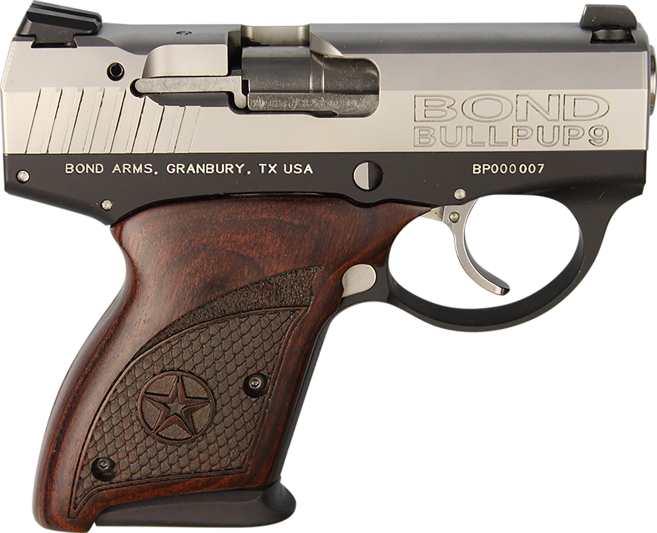 Bond Arms BABP BullPup9  Micro-Compact Frame 9mm Luger 7+1, 3.35" Stainless Steel Barrel, Stainless Serrated Steel Slide, Black Aluminum Frame, Engraved Rosewood Grips