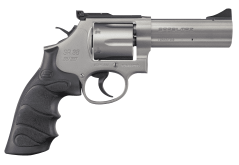 SAR USA SARSR38ST4 SAR SR  38 Special/357 Mag 6 Shot, 4" Stainless Steel Barrel, Cylinder & Frame w/Black Finger Groove Grip, Drop Safety/Hammer Block Safety, Exposed Hammer