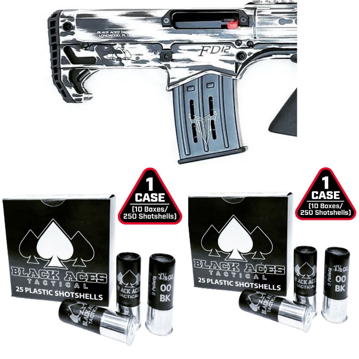 Black Aces Pro Series Bullpup Pump Shotgun - Distressed White | 12ga | 18.5" Barrel | Barrel Shroud & 2 Cases of Black Aces Tactical 12ga Buckshot 2.75 inch Shotgun Shells - 9 pellets | 00 Buck | 1425 fps | Zinc coated steel casing