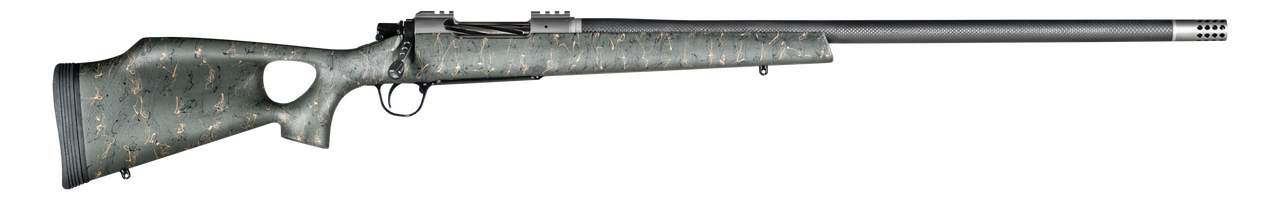 Christensen Arms CA10269815323 Summit TI  Full Size 28 Nosler 3+1, 26" Natural Titanium Steel Threaded Barrel, Natural Titanium Aluminum Receiver, Green w/Black/Tan Webbing Fixed Thumbhole Stock