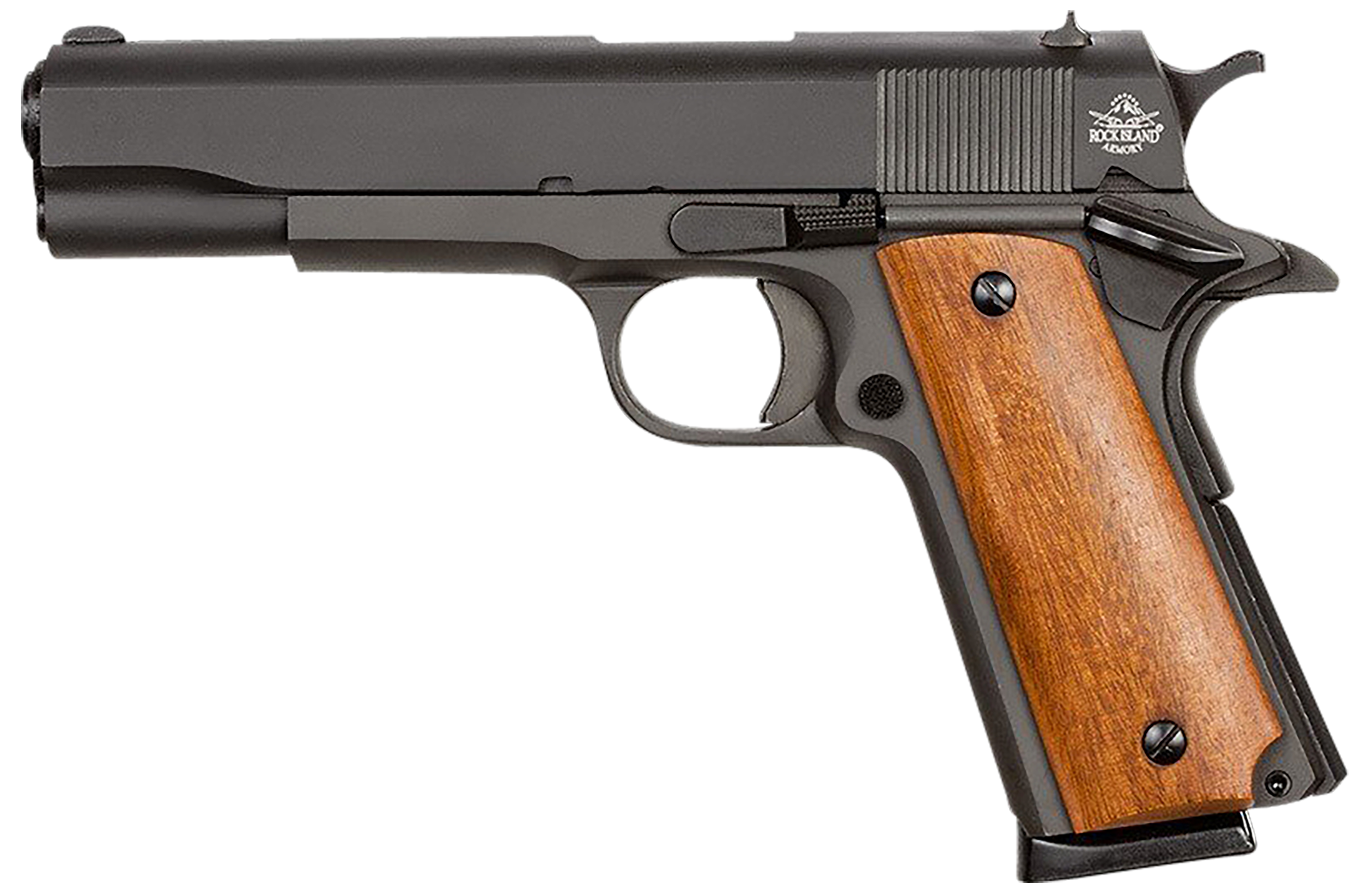 Rock Island 51421MA GI Standard FS *MA Compliant 45 ACP Caliber with 5" Barrel, 8+1 Capacity, Overall Black Parkerized Finish Steel, Beavertail Frame, Serrated Slide & Wood Grip