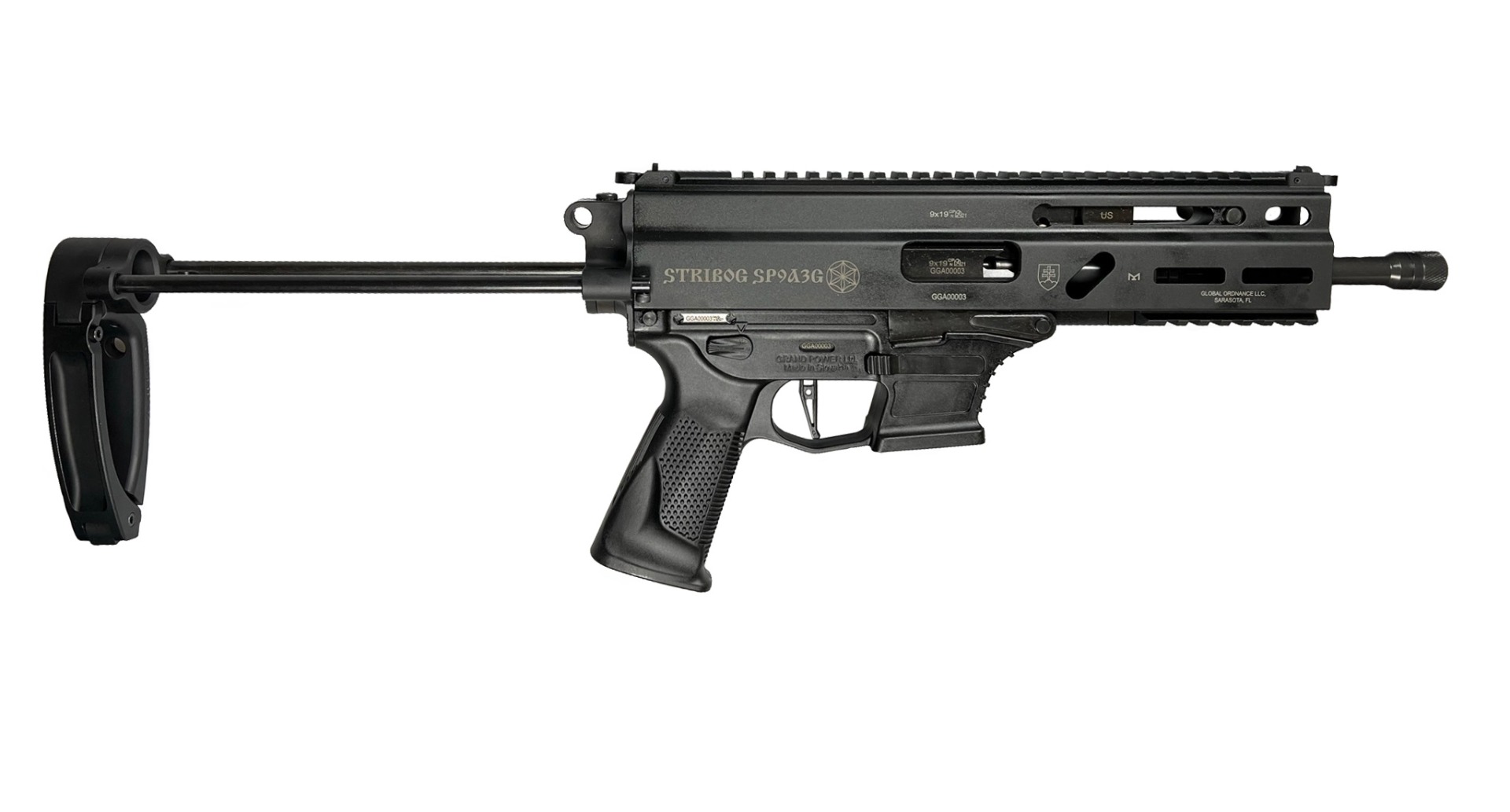 Grand Power Stribog SP9A3G Pistol - Black | 9mm | 5" Threaded Barrel | 30rd | Utilizes Glock Style Mags | PDW Brace w/ Tailhook