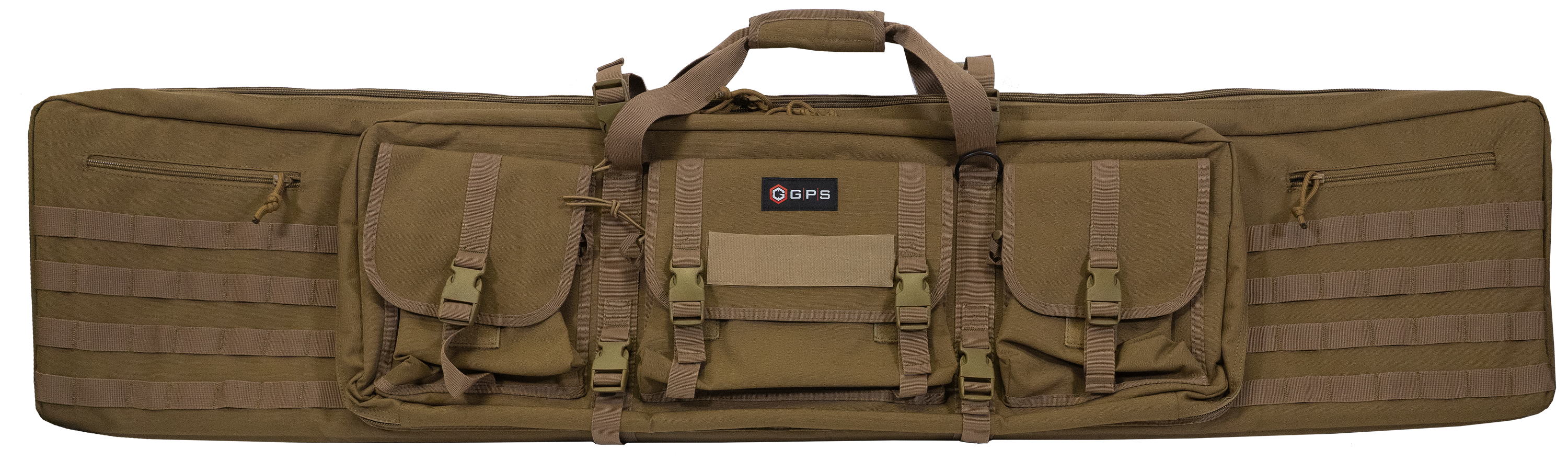GPS Bags DRC55FDE Double Rifle Case Flat Dark Earth 600D Polyester w/ 2 Padded Pistol Sleeves MOLLE Webbing & Lockable Zippers