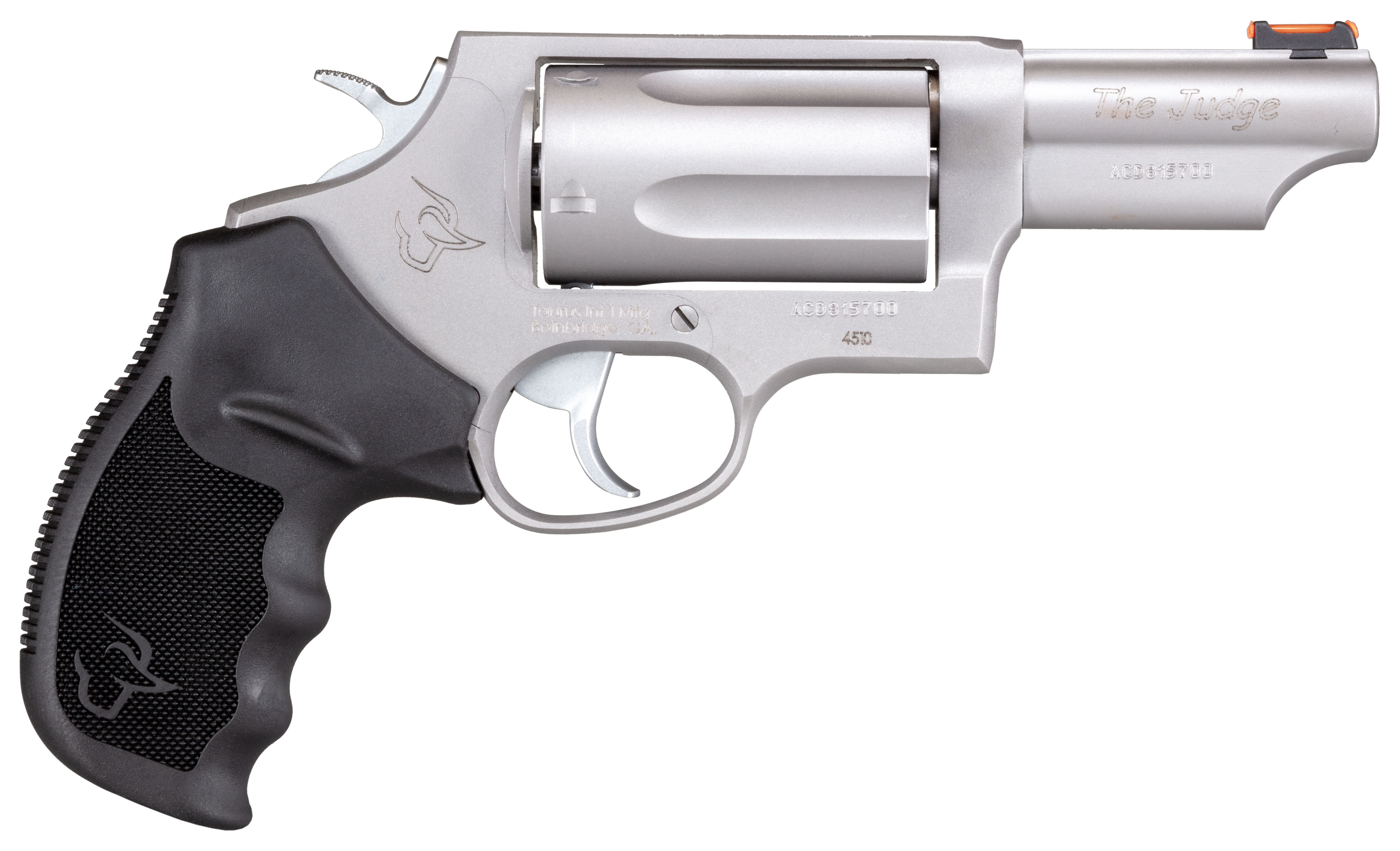 Taurus Judge Revolver - Stainless Steel | 45 Colt / 410 ga | 3" Barrel | 5rd | Rubber Grip | Fiber Optic Sight - 2-441039T - 725327602125