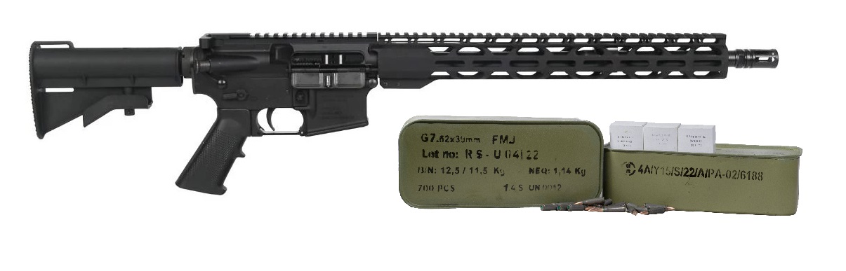 Radical Firearms Forged AR15 Rifle - Black | 7.62x39 | 16" Heavy Barrel | 15" Free Float M-LOK Thin Rail | CAR-15 Style Stock Bundled w/ One 700rd Tin of Century Arms Romanian Made 7.62x39 Rifle Ammo - 123gr Lead Core FMJ | Steel Case