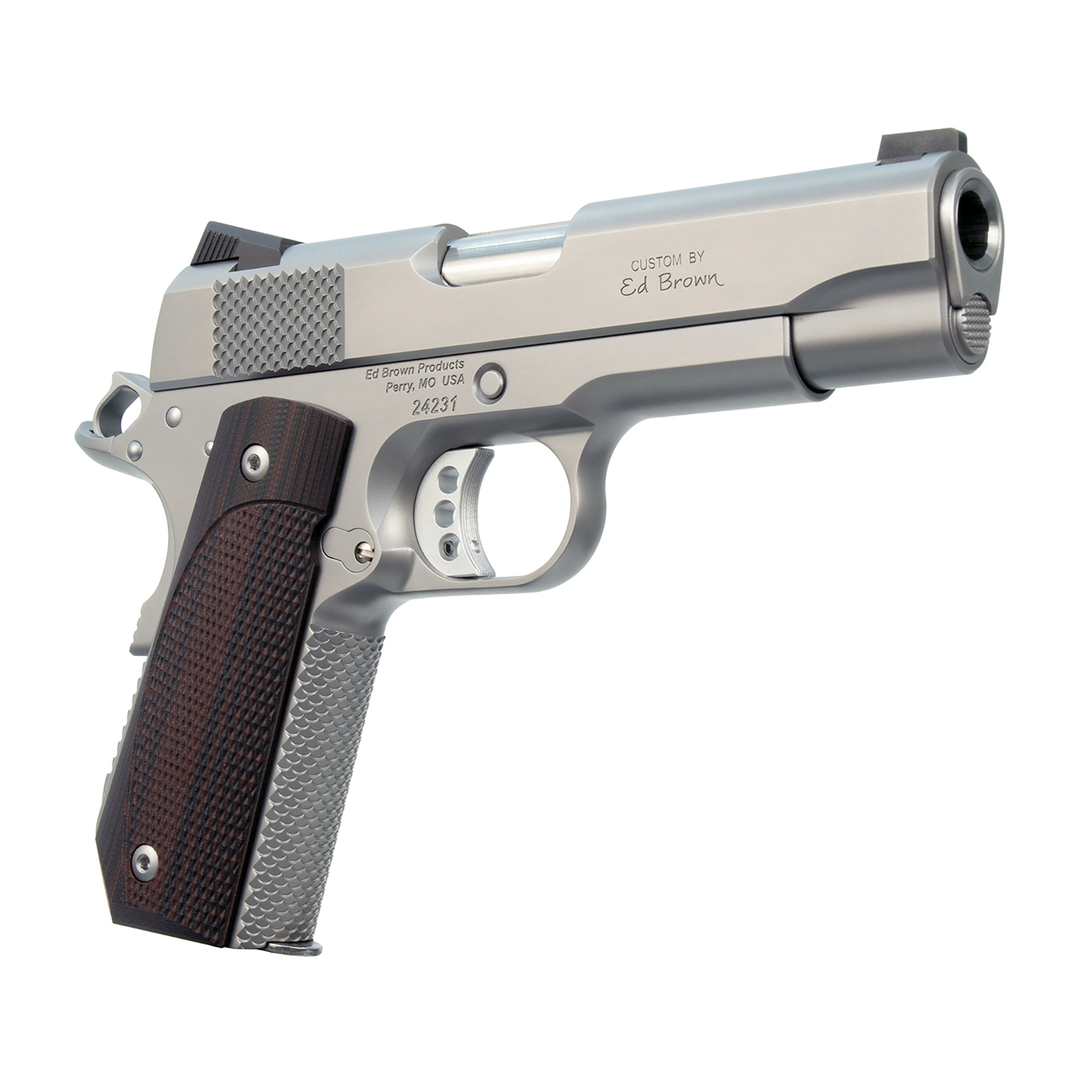 Ed Brown KC18SS 1911 Kobra Carry Serrated Frame 45 ACP 7+1 4.25" Stainless Recessed Crown Barrel, Matte Stainless Serrated Steel Slide & Frame, Laminate Wood Grip, - KC18SS - 800732700731