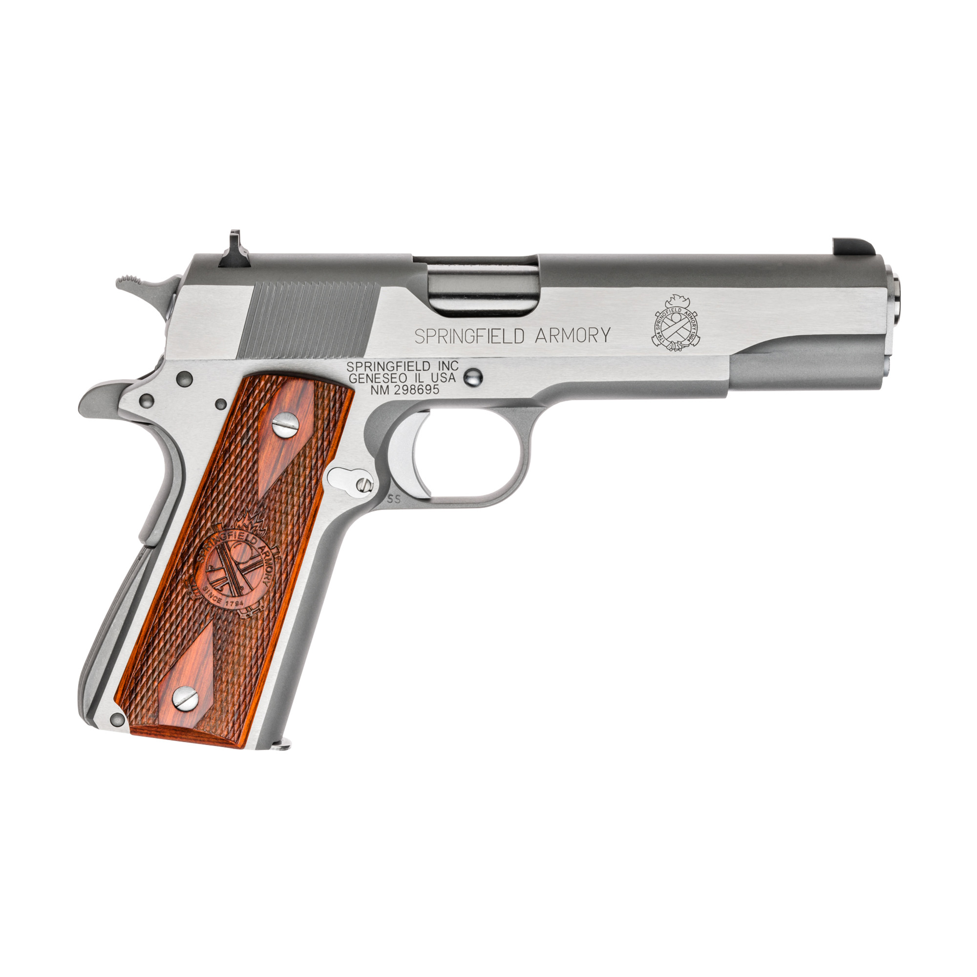 Springfield Armory PB9151LCA 1911 Mil-Spec *CA Compliant 45 ACP 7+1, 5" Stainless Match Grade Steel Barrel, Serrated Stainless Steel Slide & Frame w/Beavertail, Crossed Cannon Cocobolo Grip - PB9151LCA - 706397913137