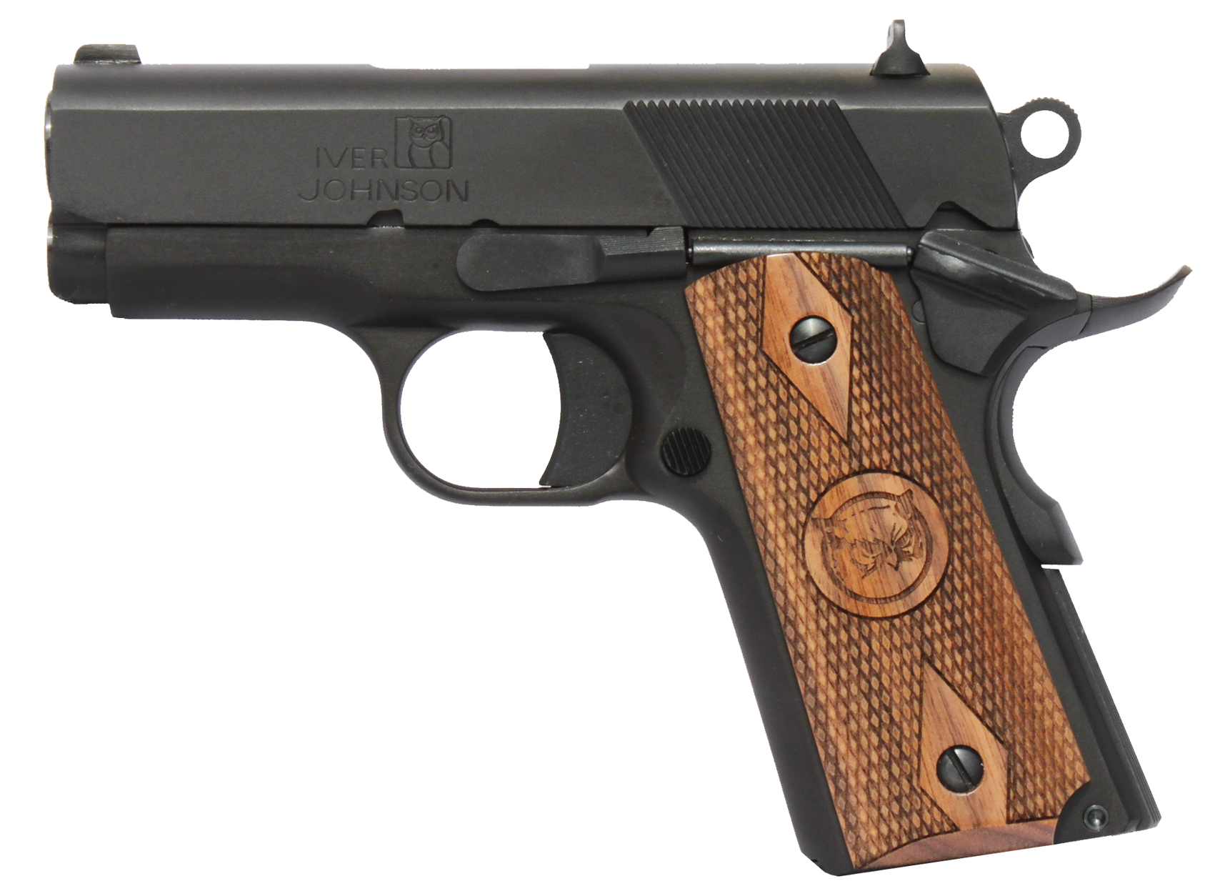 Iver Johnson Arms THRASHER9 Thrasher Officer 9mm Luger 8+1 3.12" Black Steel Barrel, Matte Black Serrated Steel Slide & Frame w/Beavertail, Walnut Grip