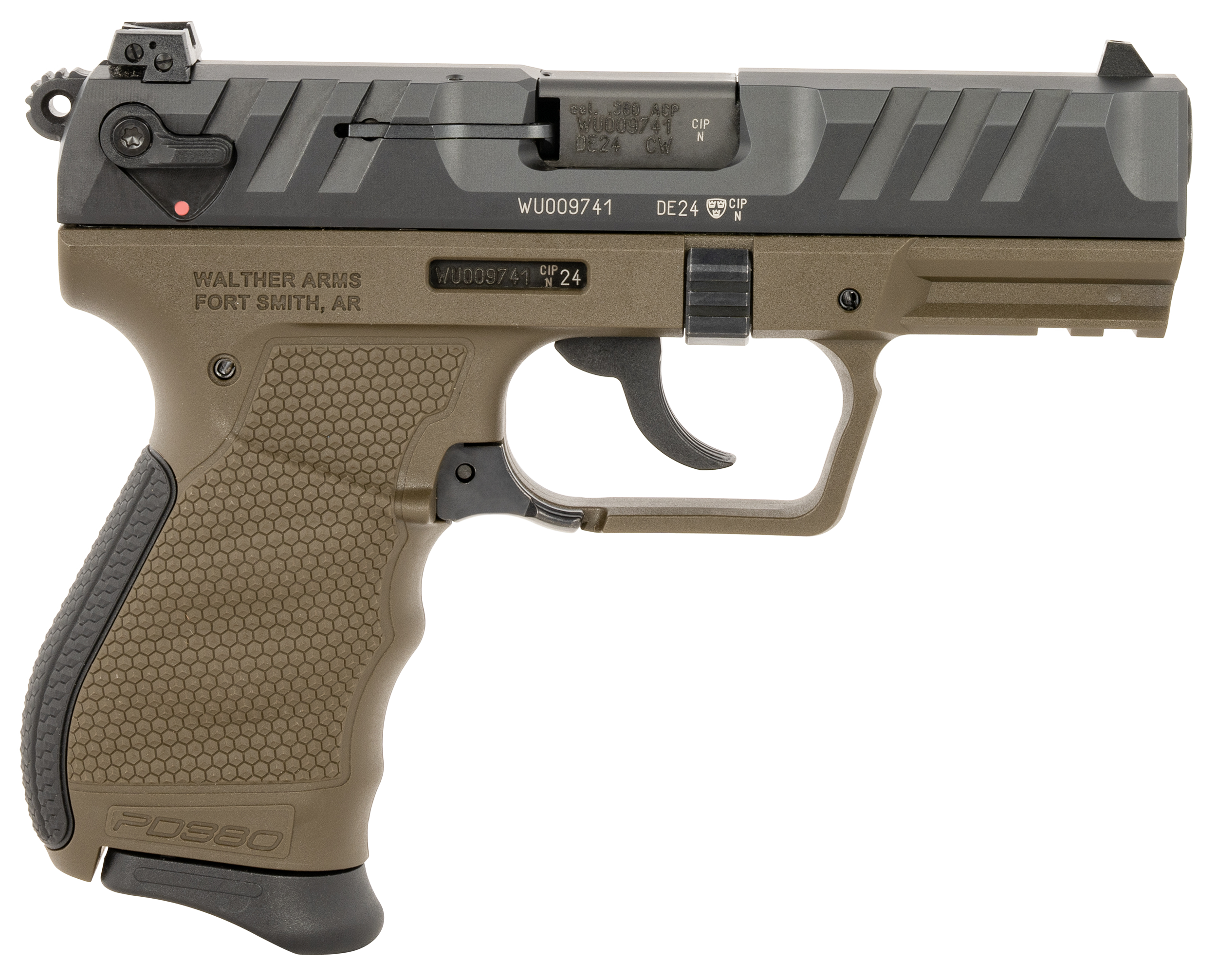 Walther Arms 5050515 PD380  Carry Frame 380 ACP 9+1 3.70" Black Steel Barrel, Black Cerakote Serrated Steel Slide, Military Green Textured Polymer Grip