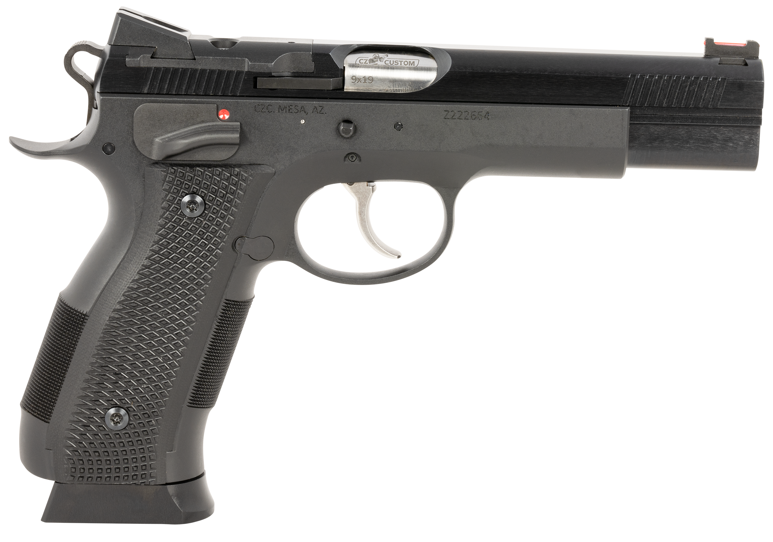 CZ-USA 91732 A01-SD Custom 9mm Luger 19+1 4.93" Blued Match Grade Bull Barrel, Blued Optic Ready/Serrated Slide, Blued Steel Frame w/Beavertail Black Checkered Polymer Grips