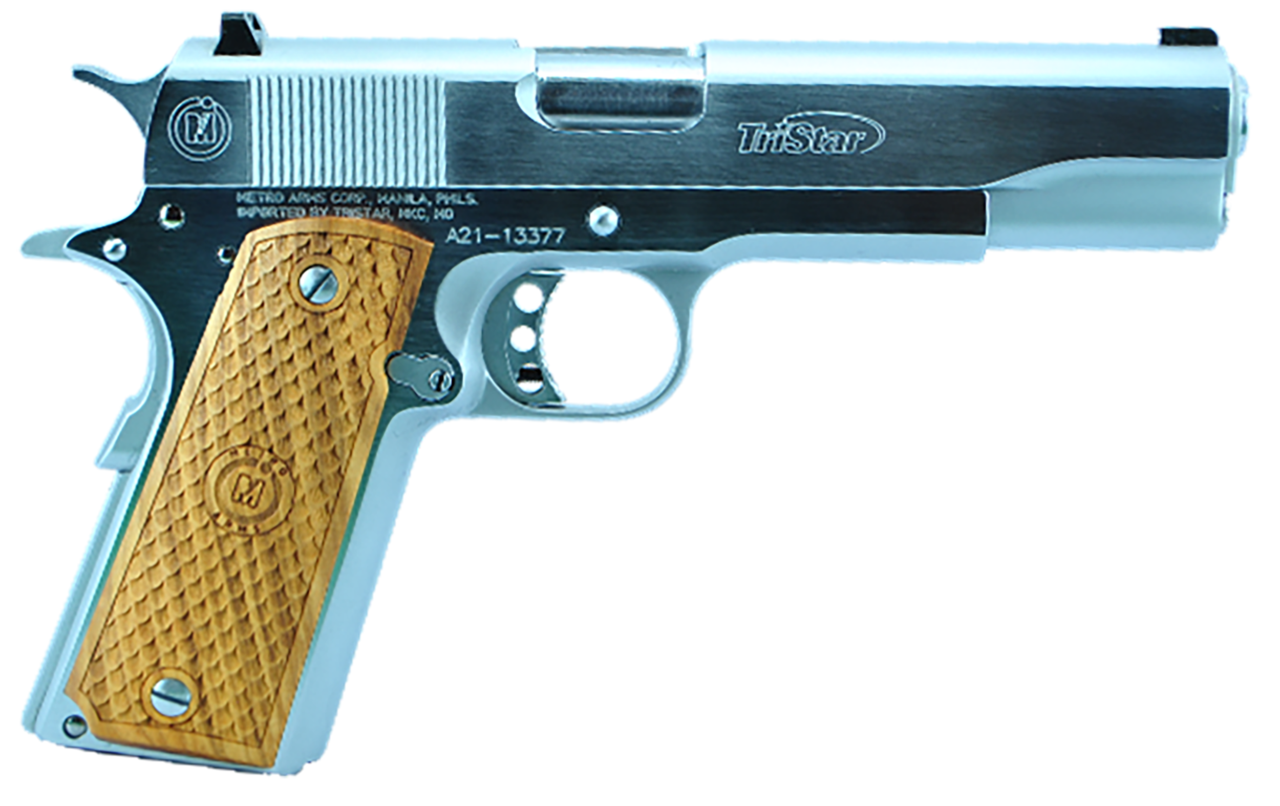 TriStar 85605 American Classic Government 1911 9mm Luger 10+1 5" Stainless Steel Barrel, Chrome Serrated Steel Slide, Chrome Steel Frame w/Beavertail, Wood Grip