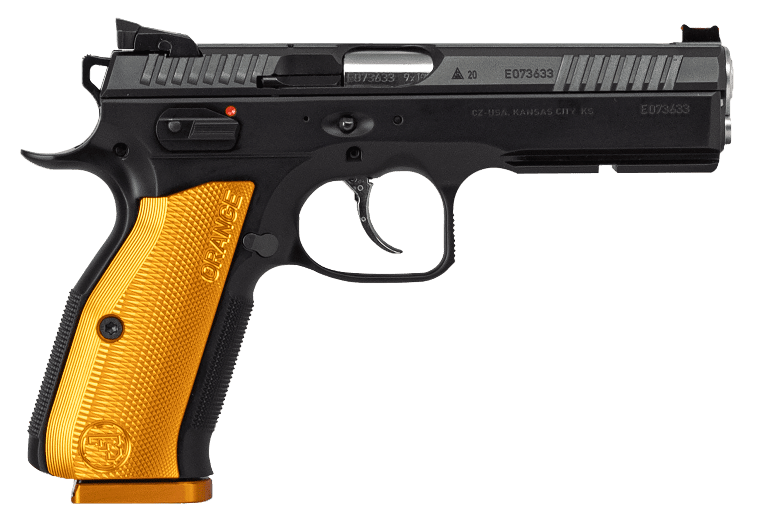 CZ-USA 91249 Shadow 2  9mm Luger 17+1 4.89" Stainless Steel Barrel, Black Nitride Serrated Steel Slide, Black Polycoat Steel Frame w/Beavertail & Picatinny Rail, Orange Aluminum Grip, Ambidextrous