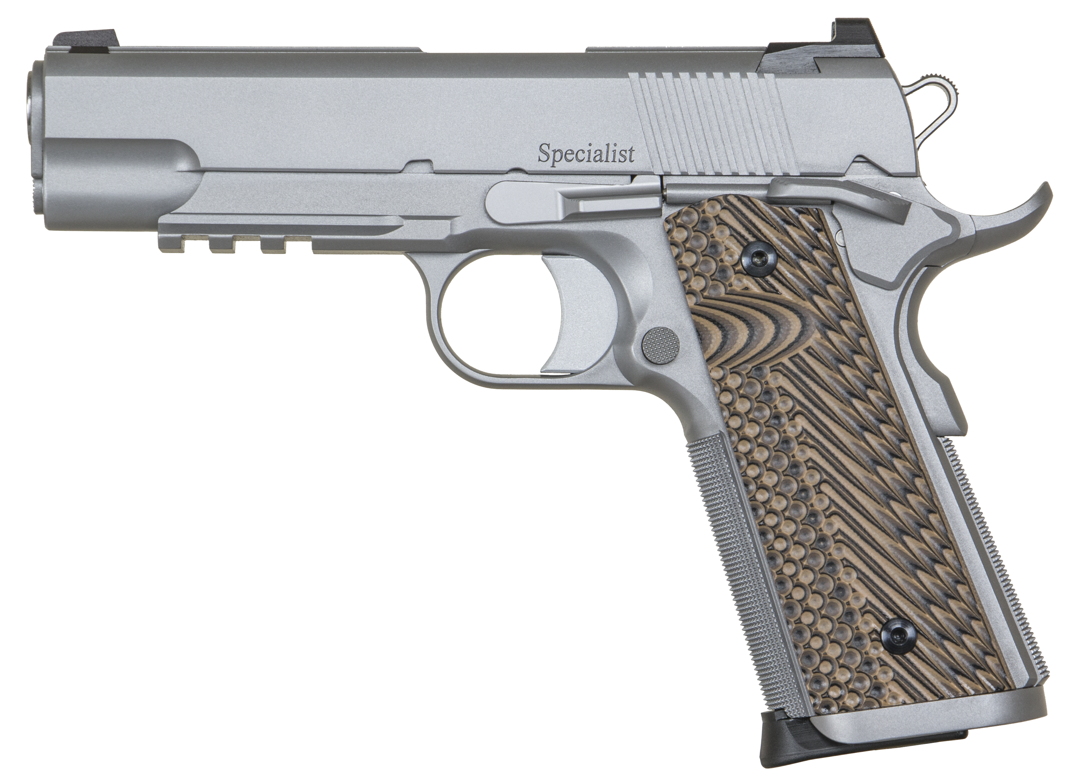 Dan Wesson 01809 Specialist Commander 45 ACP 8+1 4.25" Stainless Steel Barrel, Bead Blasted Serrated Stainless Steel Slide & Frame w/Beavertail & Picatinny Rail, Black/Brown G10 Grip, Ambidextrous