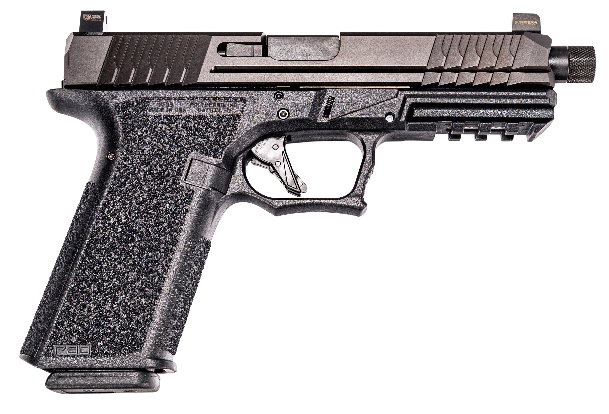 Polymer80 PFS9TFNSBLK PFS9 Full-Size 9mm Luger 17+1 4.49" Fluted, Threaded Barrel Black Nitride Serrated Slide Black Polymer Frame w/Picatinny Rail Black Aggressive Textured Polymer Grips