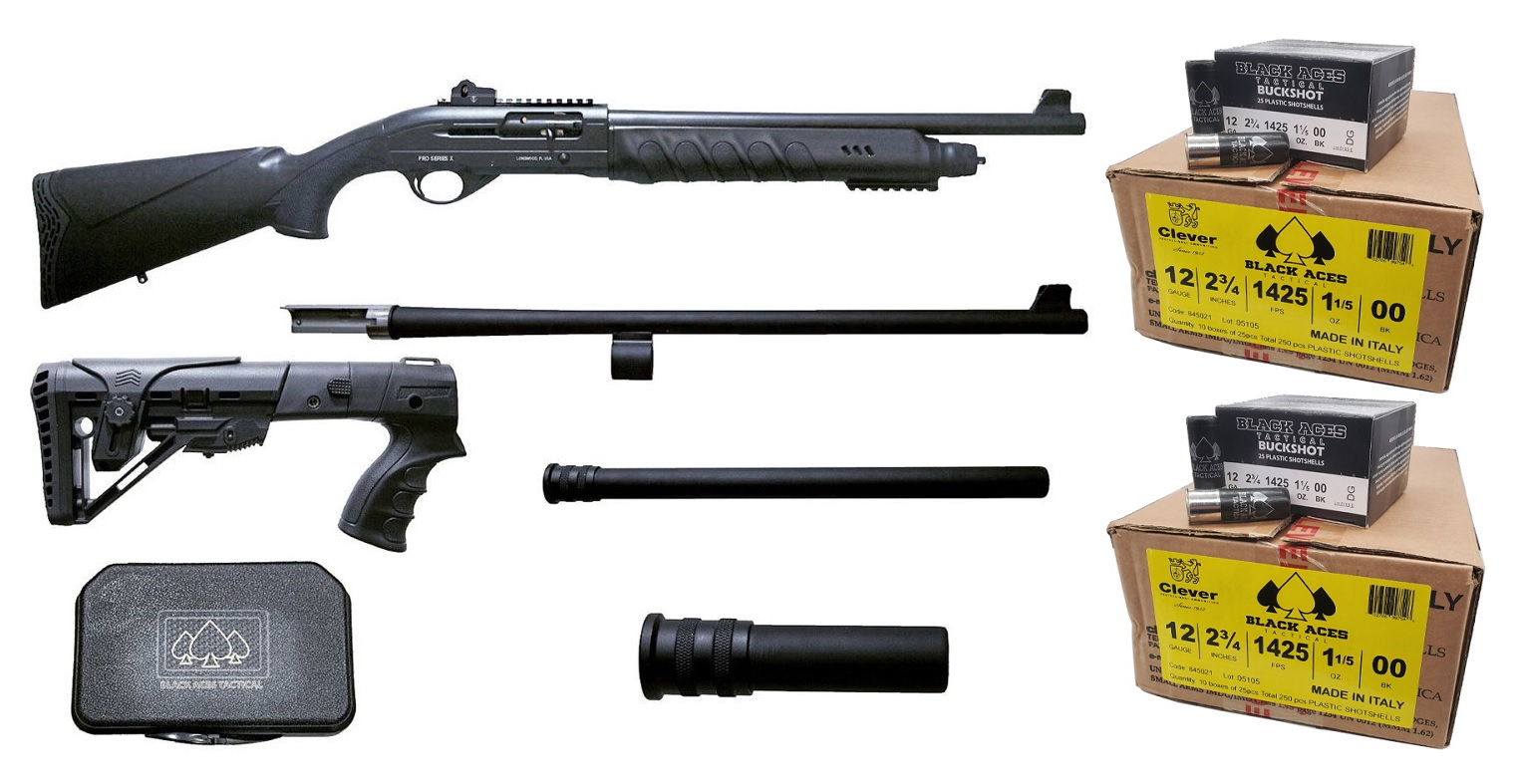 Black Aces Tactical Pro Series X 12GA, 18.5in. Barrel, 4rd, Incl. 24" Barrel, 6 pos. stock, +2 & +6 Mag Ext., & pistol grip - Black (BATPSXP)