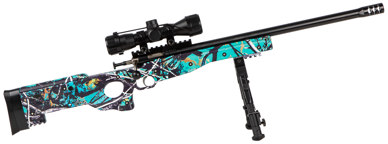 Crickett KSA2149 Precision Package 22 LR Caliber with 1rd Capacity, 16.12" Barrel, Blued Metal Finish & Fixed Thumbhole Muddy Girl Serenity Synthetic Stock (Youth) Includes Scope & Bipod