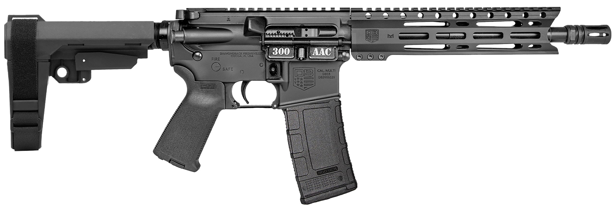 Diamondback DB1916B001 DB15  300 AAC 30+1 10" Black Hard Coat Anodized Heavy Barrel 9" M-LOK Handguard 7075-T6 Aluminum SBA3 Brace Magpul MOE Grip