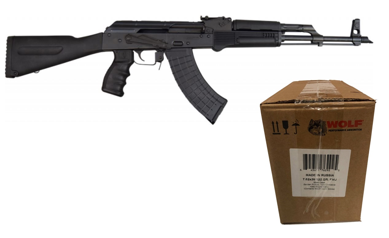 Pioneer Arms Sporter AK-47 Rifle - Black | 7.62x39 | 16" Barrel | Original Polish Barrel & Receiver Bundled w/ One Wolf Steel Case 7.62x39mm Rifle Ammo - 122 Grain | FMJ | 1000rd Case