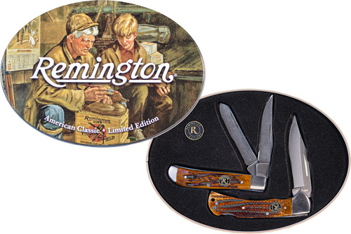 Remington American Classic Knife Tin Collector Gift Set 3 1/2" Blade Brown Bone