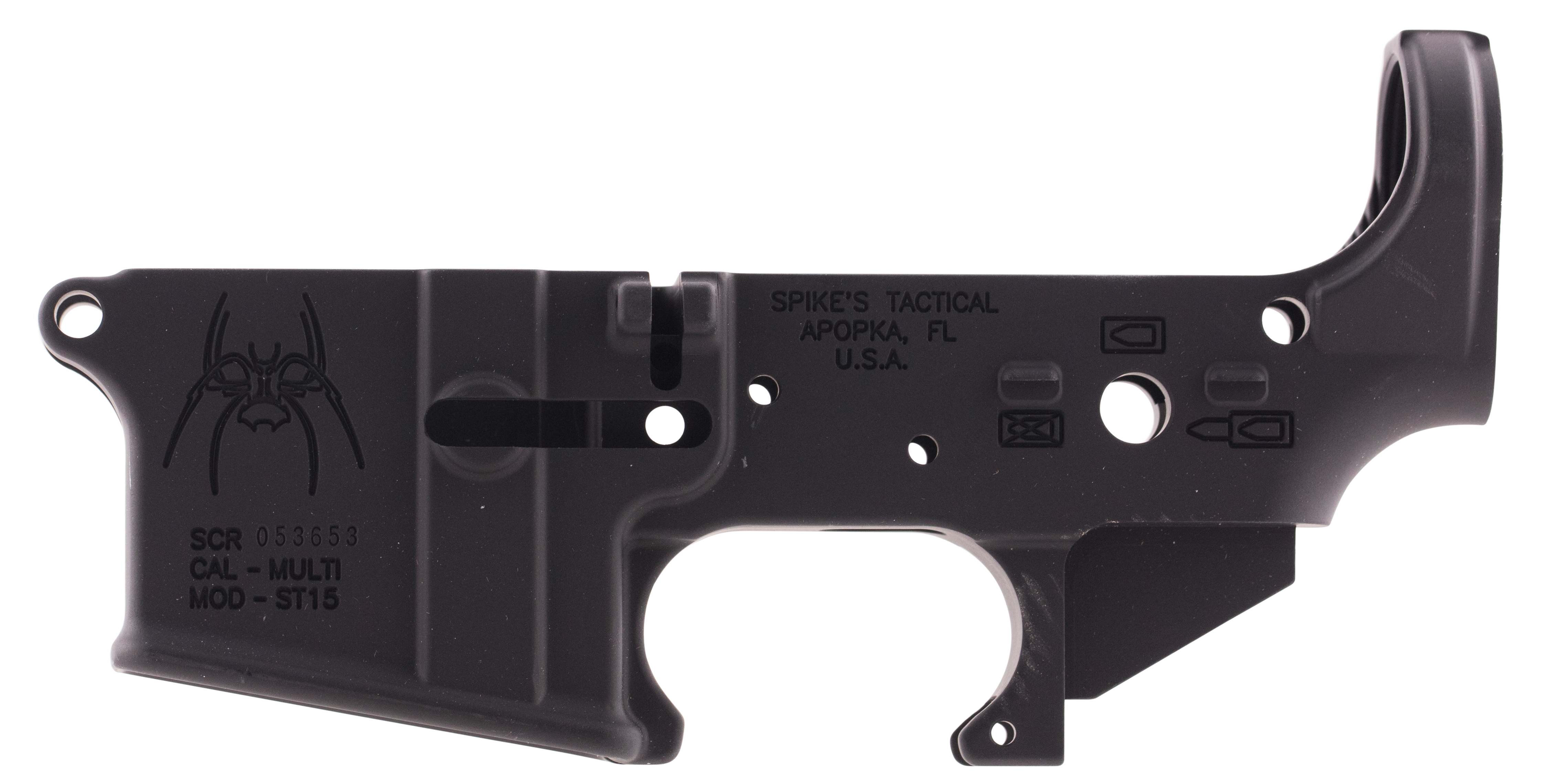 Spikes STLS019 Spider Stripped Lower Receiver with Billet Markings Multi-Caliber 7075-T6 Aluminum Black Anodized for AR-15