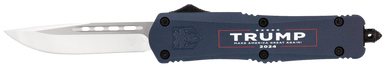 CobraTec Knives MTRP24BLUDNS FS-3 Trump 2024 Medium OTF Drop Point Plain Satin D2 Steel Blade, 4.50" Blue w/Trump, Make America Great Again Aluminum Cerakoted Handle