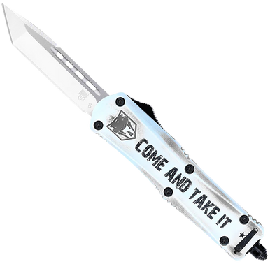 CobraTec Knives SCATIFS3TNS FS-3 Come And Take It Small 3" OTF Tanto Plain Satin D2 Steel Blade, 4.50" White "Come And Take It" Aluminum Cerakoted Handle