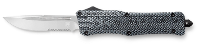 CobraTec Knives LCFCTK1LDS CTK-1  Large 3.75" OTF Drop Point Part Serrated D2 Steel Blade/ Carbon Fiber Aluminum Handle Features Glass Breaker Includes Pocket Clip
