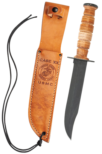 Case 00334 USMC  7" Fixed Clip Point Plain Blackened 1095 Carbon Steel Blade Grooved Leather Handle