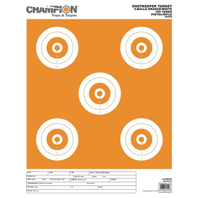 Champion Targets 45559 Shot Keeper 5 Bullseye 100 Yard Pistol/Rifle Targets, Orange/White, Large, 12 Pack