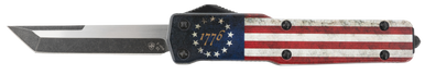Templar Knife MZBRF221 Premium Weighted Slim 3.16" OTF Tanto Plain Black Oxide Stonewashed Powdered D2 Steel Blade/4.93" Betsy Ross Flag Aluminum Zinc Alloy Handle