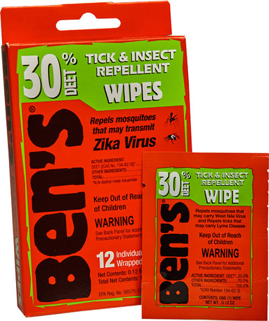 Ben's 00067085 30  Odorless Scent Wipes Repels Ticks & Biting Insects 12