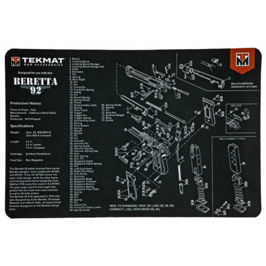 TekMat TEKR17BER92 Beretta 92 Cleaning Mat Beretta 92 Parts Diagram 11" x 17"