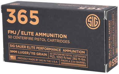 Sig Sauer E9MMB136550 Elite Ball 365 9mm Luger 115 gr Full Metal Jacket 50 Rounds